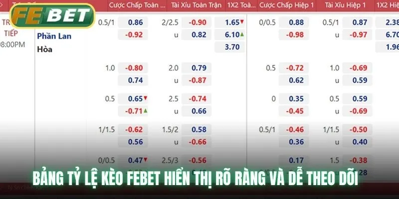 Bảng tỷ lệ kèo Febet hiển thị rõ ràng và dễ theo dõi